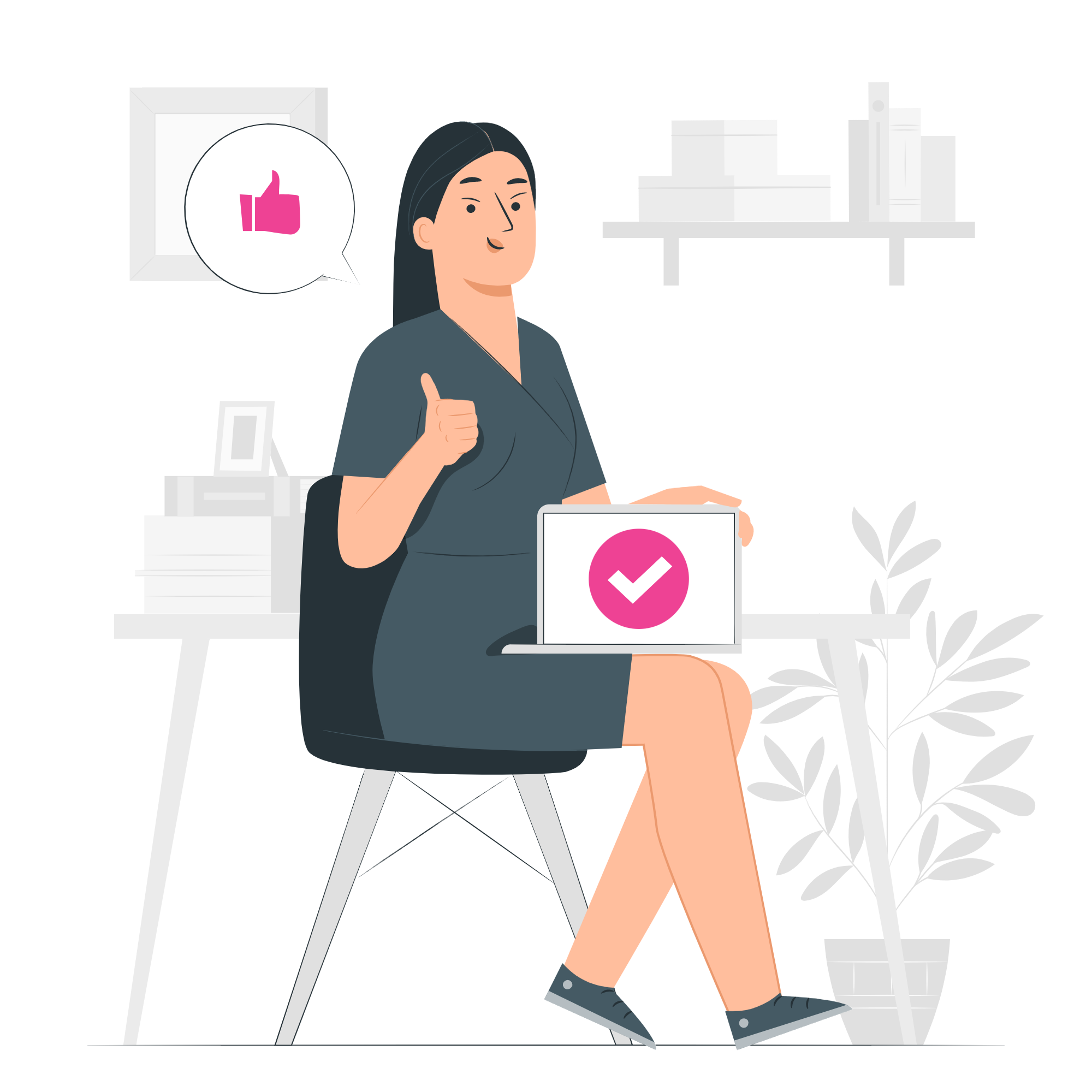 Illustrated woman sitting down and giving the thumbs up with a laptop in her lap