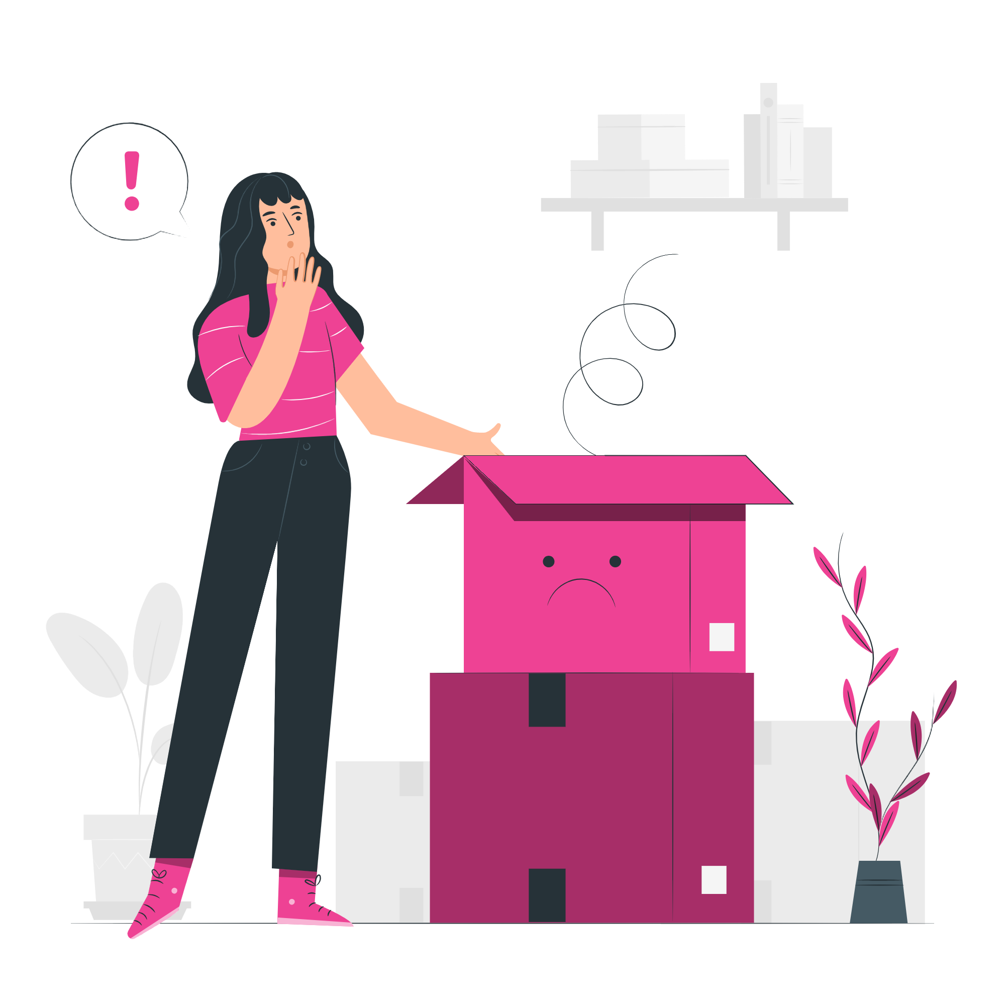 An illustrated person looking confused standing next to boxes