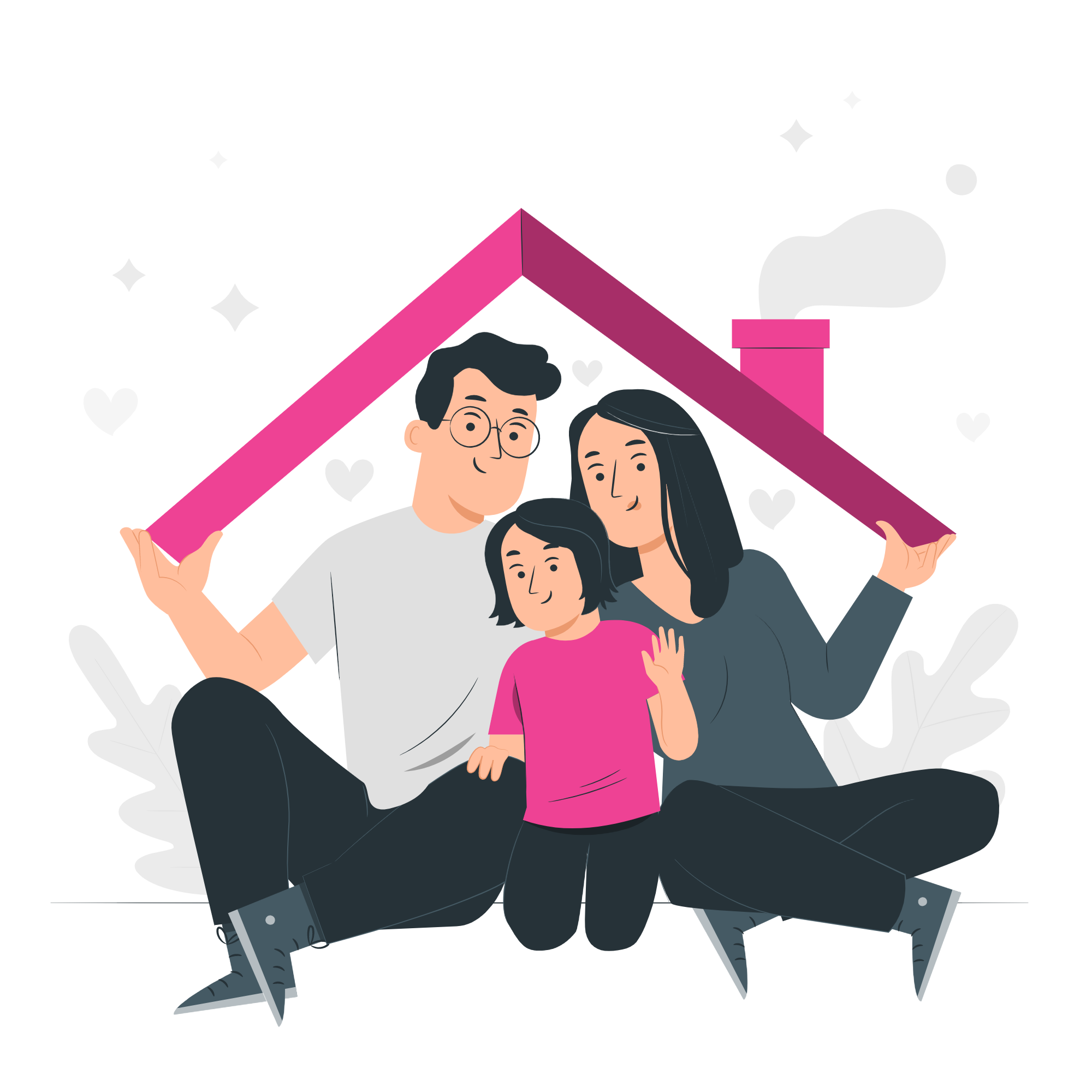 An illustrated family holding a roof over their heads