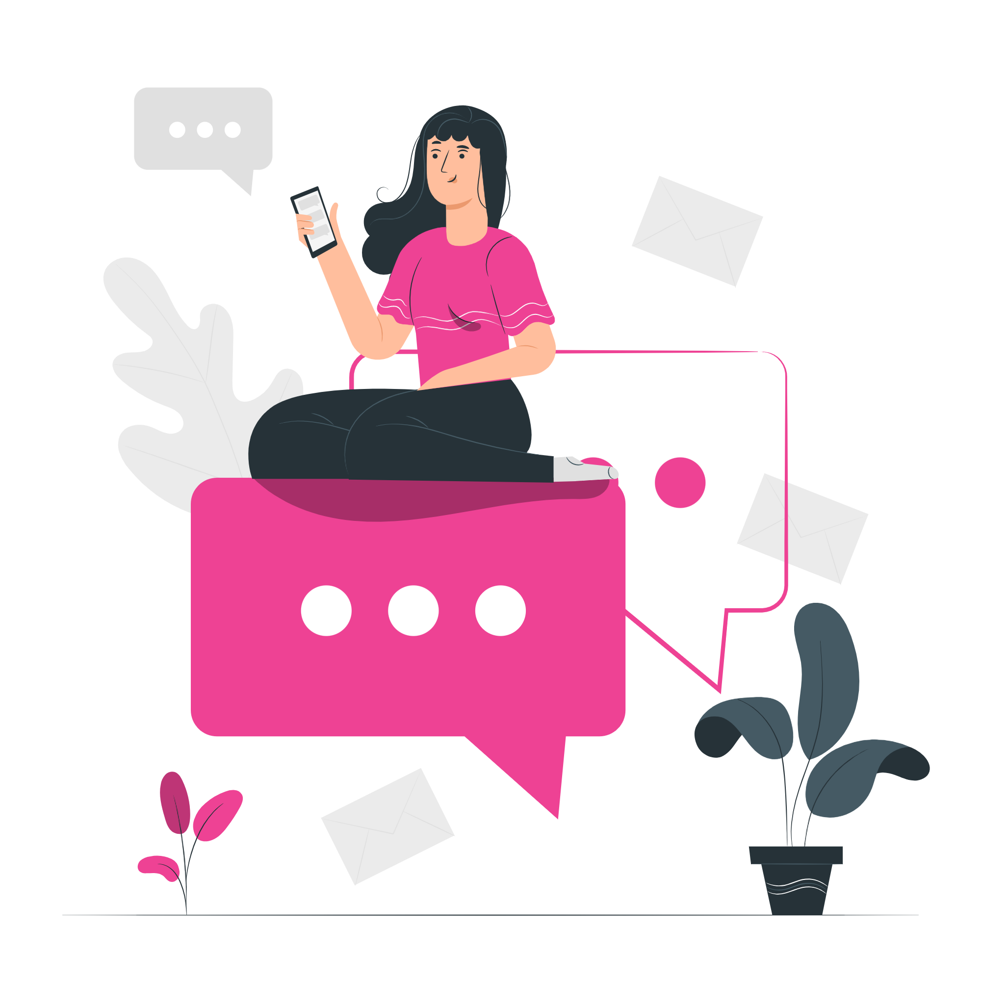 an illustrated person sitting on top of a speech bubble looking at their phone