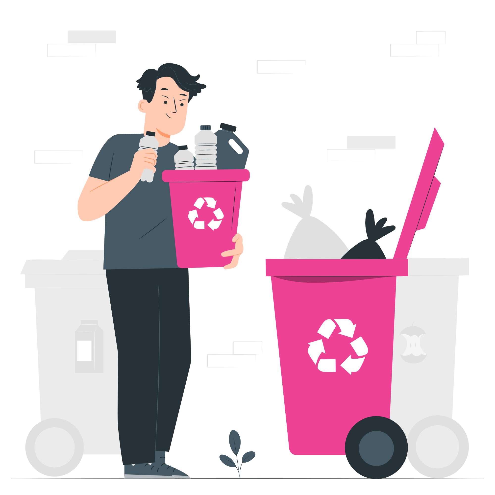 An illustrated person putting recycling into the recycling bin