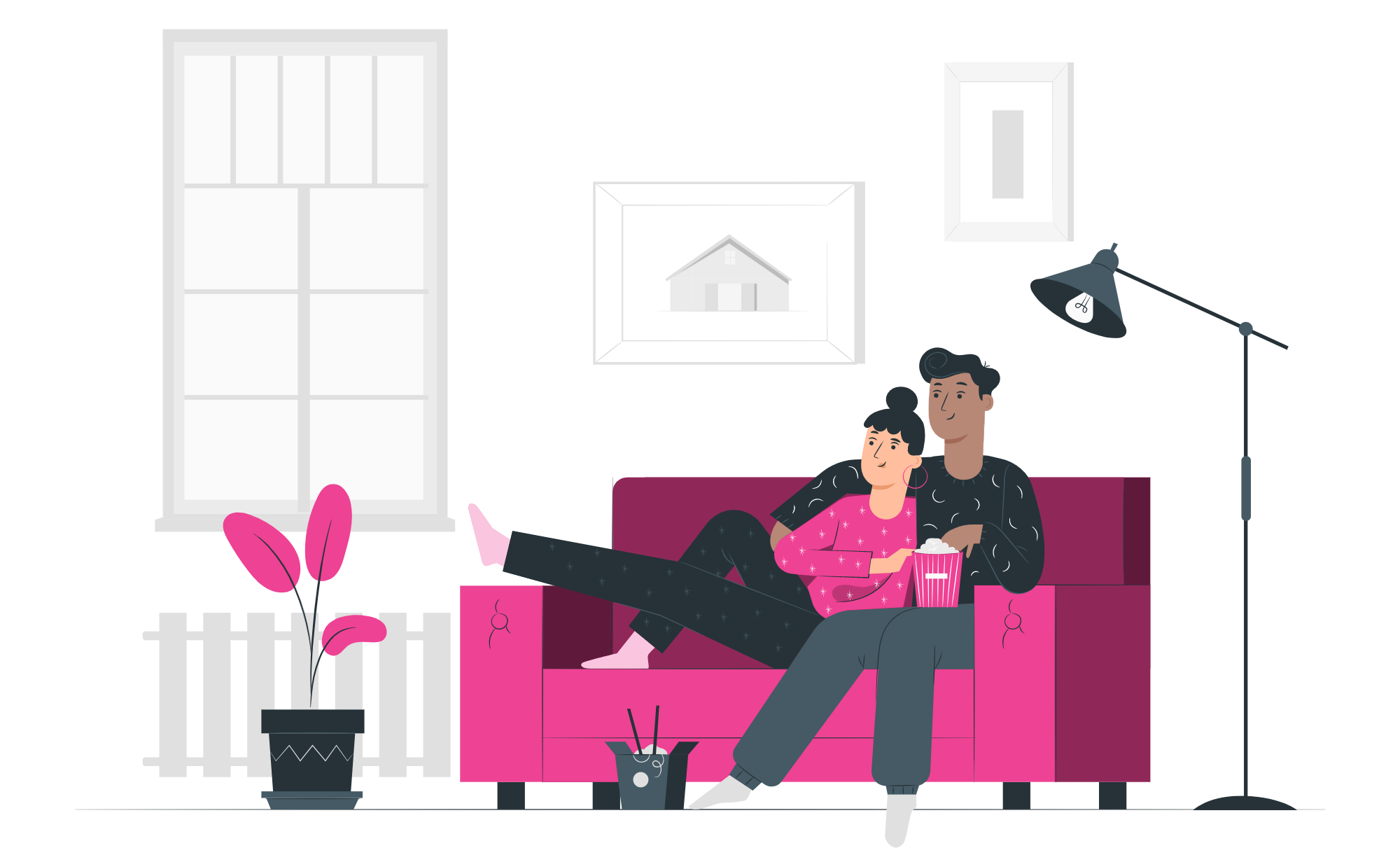 an illustrated couple sitting on a sofa watching a movie