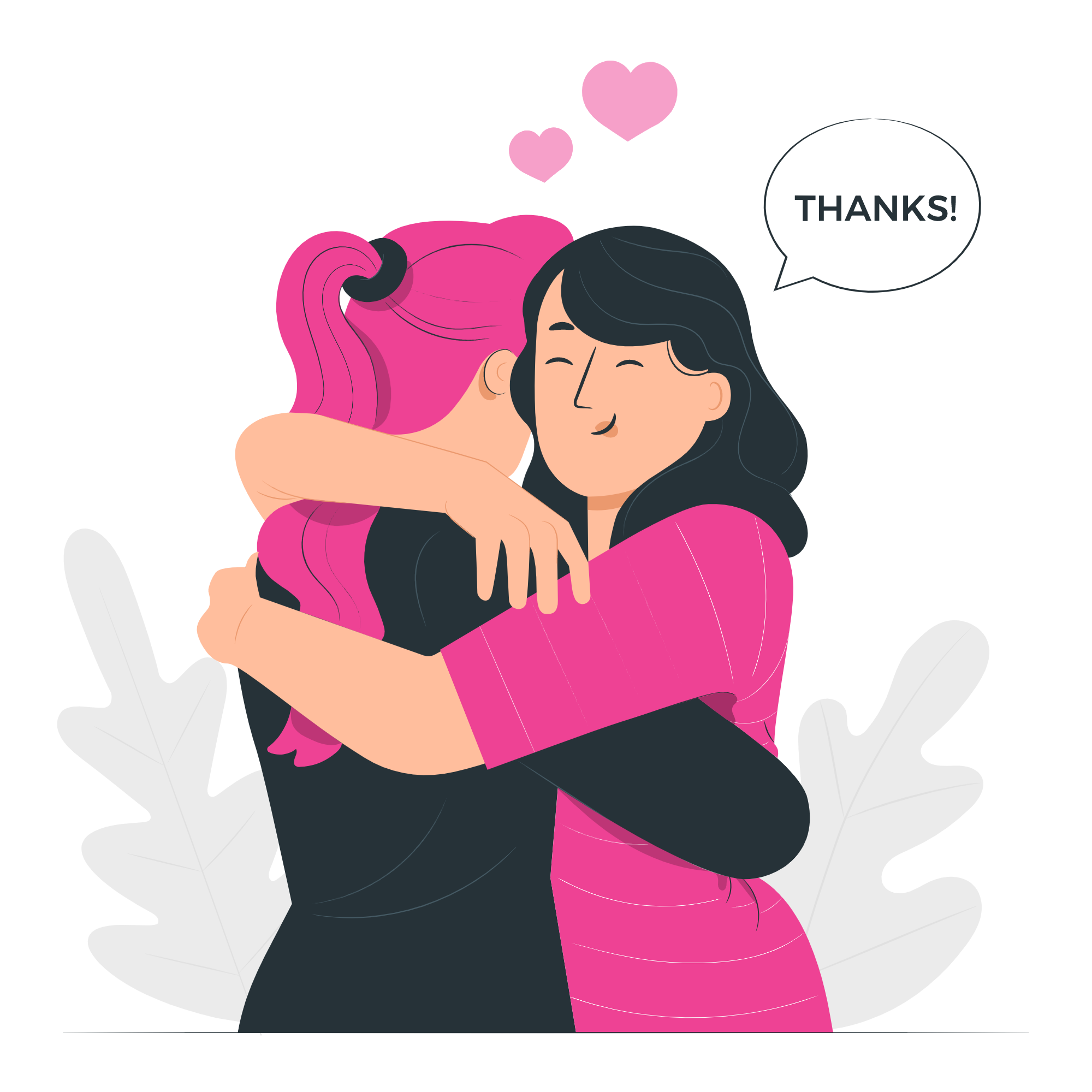 Two people hugging and smiling saying 'thanks'
